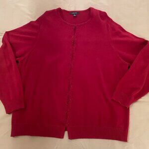 Cranberry red cardigan with beading along front opening and collar